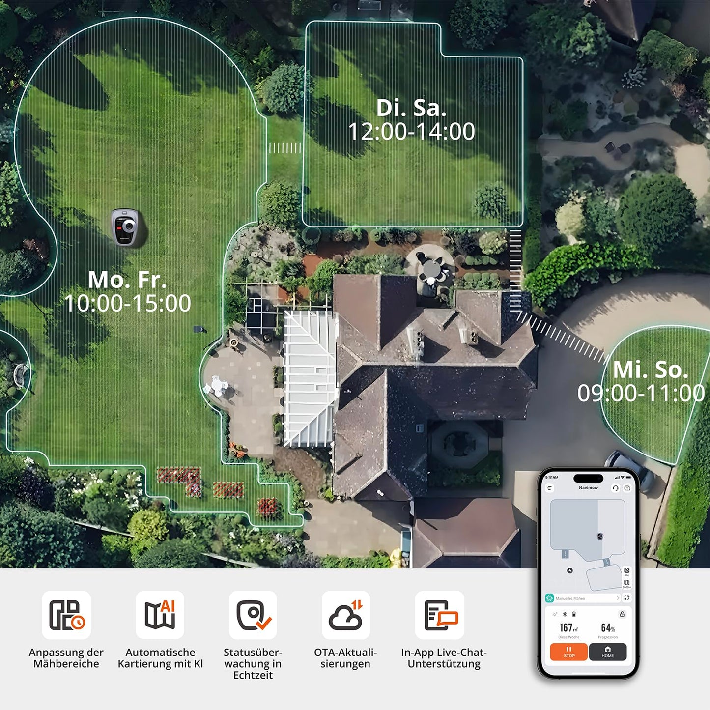 Navimow i105E Mähroboter ohne Begrenzungskabel 500 m², RTK+Vision Rasenmäher Roboter, KI Automatische Kartierung, Virtuelle Begrenzung, Mehrzonen-Management